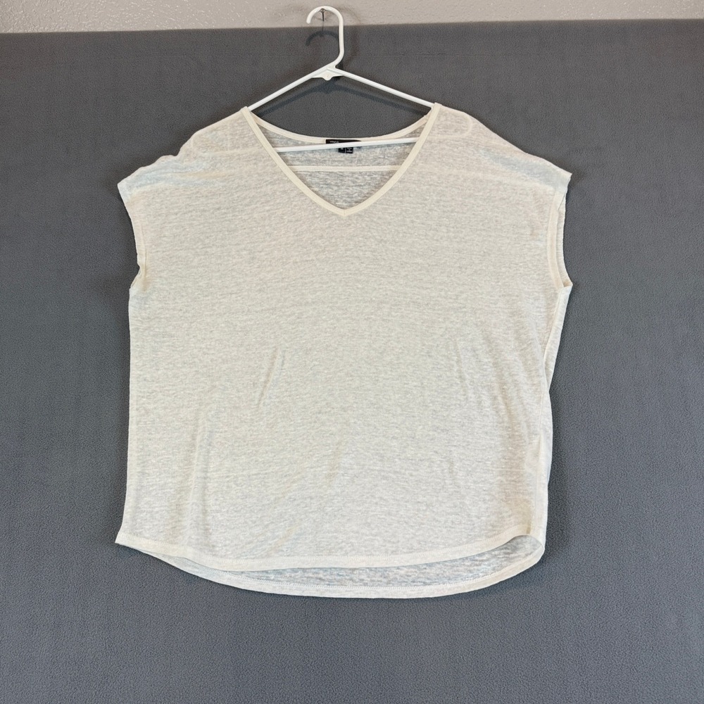 Vince Linen V-Neck T-Shirt Women Medium Off-White Slub Knit Relaxed Coastal Chic - Picture 5 of 11